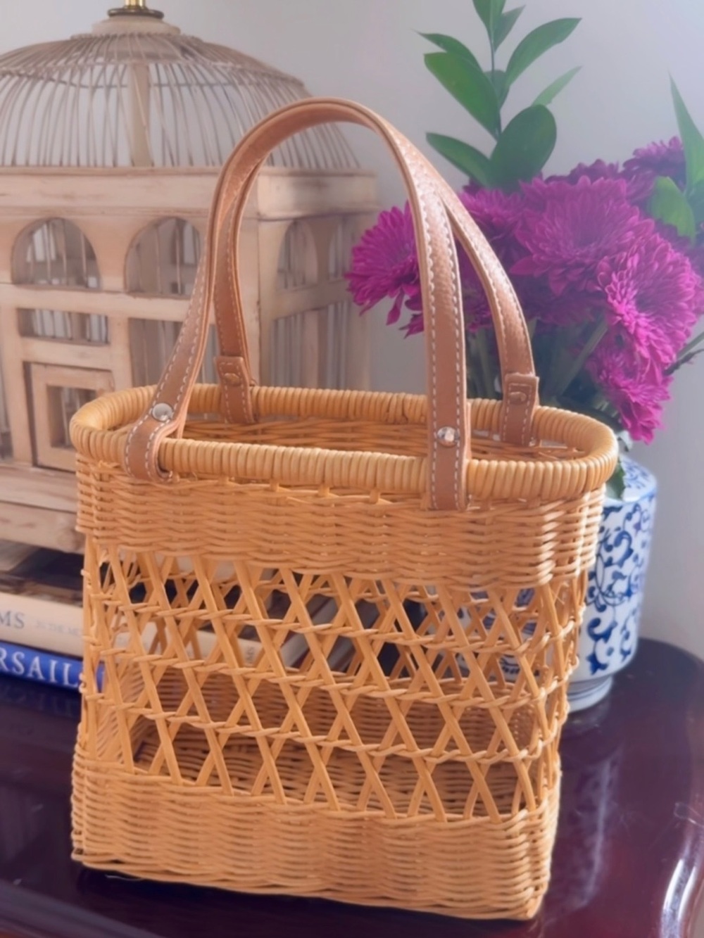 Woven Rattan Tote Bag with Tan Leather Handles - Natural